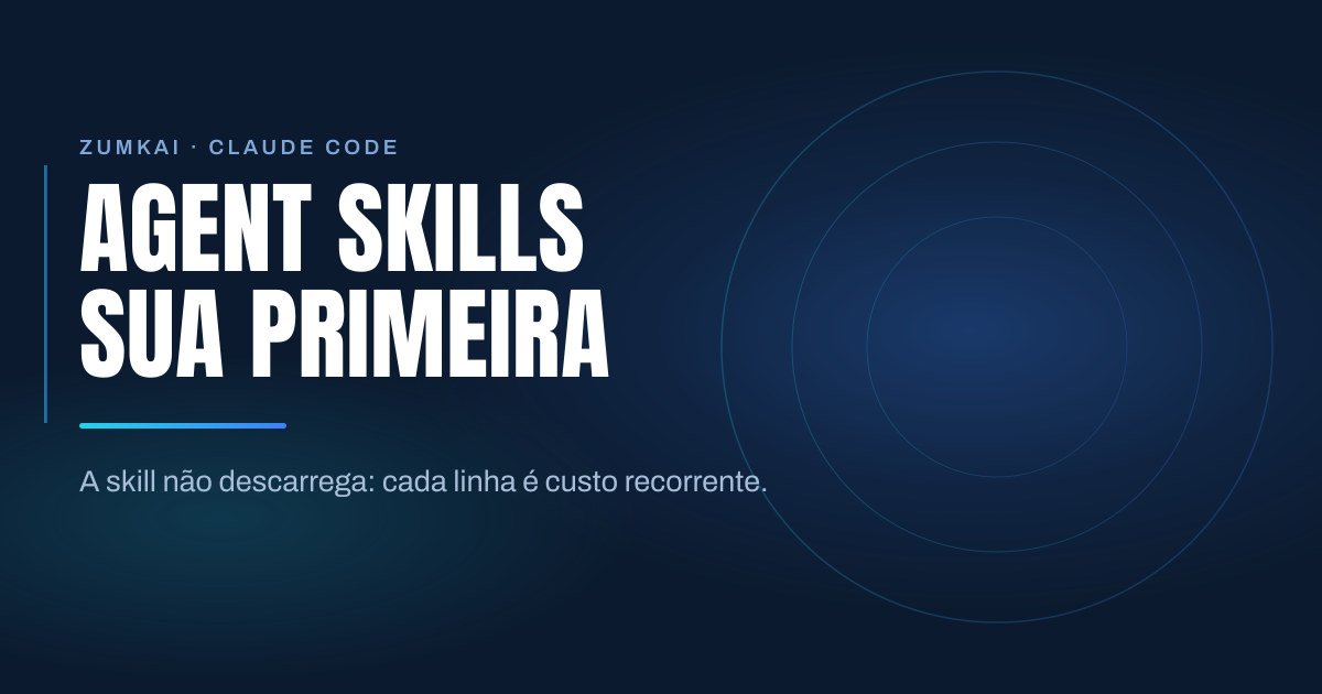Capa escura em azul-marinho com o título Agent Skills: como escrever a sua primeira em tipografia condensada, régua em degradê ciano e azul, e anéis concêntricos à direita.