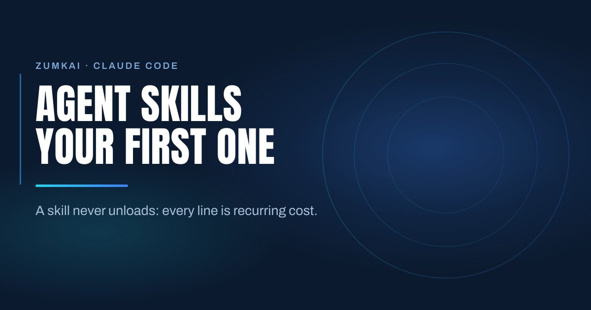 Dark navy cover with the title Agent Skills: how to write your first one in condensed type, a cyan-to-blue gradient rule, and concentric rings on the right.