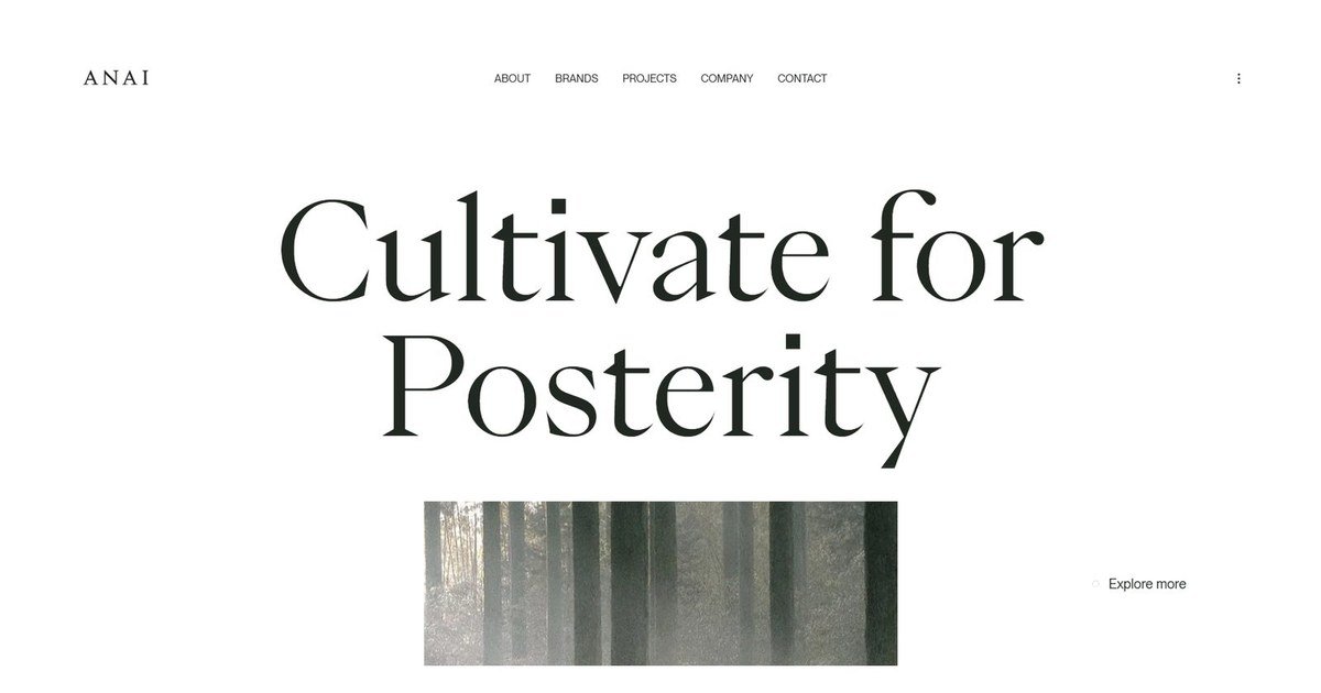 Home do site da ANAI: título serifado “Cultivate for Posterity” em letras gigantes sobre fundo branco, com a janela de imagem da floresta abrindo abaixo