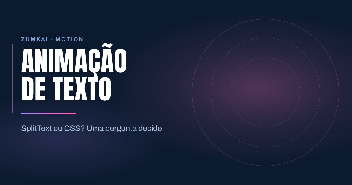 Capa escura em azul-marinho com o título Animação de texto: SplitText, clip-path e o que o CSS já faz em tipografia condensada, régua em degradê violeta e rosa, e anéis concêntricos à direita.