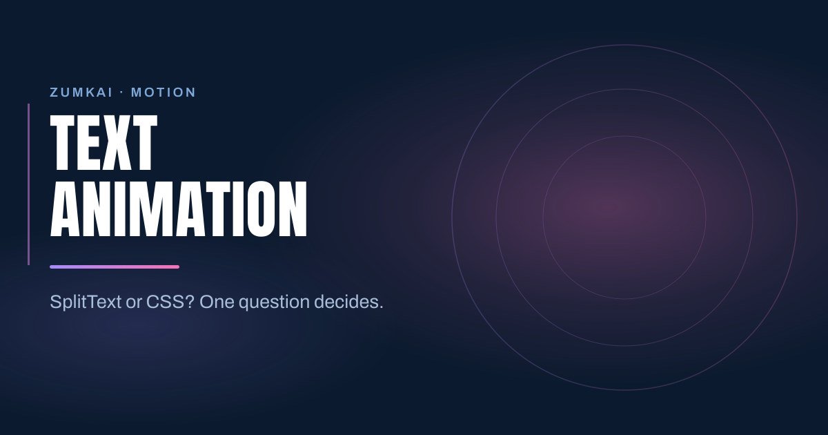 Dark navy cover with the title Text animation: SplitText, clip-path and plain CSS in condensed type, a violet-to-pink gradient rule, and concentric rings on the right.