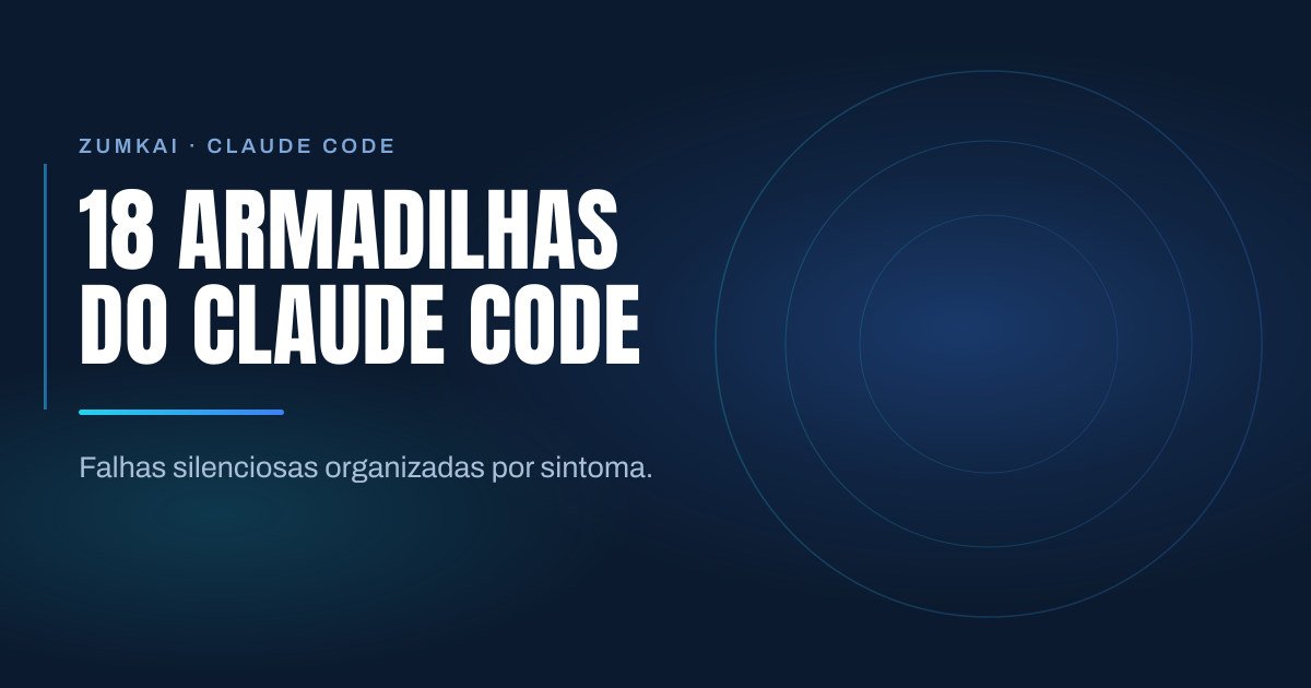 Capa escura em azul-marinho com o título As 18 armadilhas do Claude Code em projeto real em tipografia condensada, régua em degradê ciano e azul, e anéis concêntricos à direita.