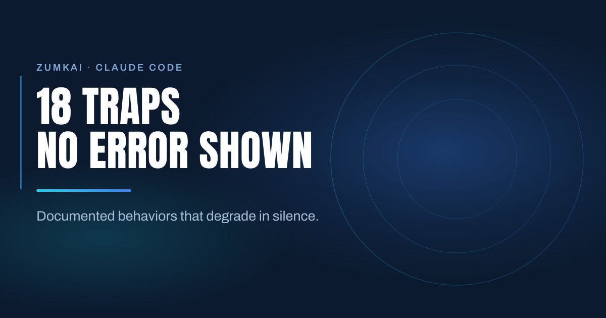 Dark navy cover with the title The 18 Claude Code traps in a real project in condensed type, a cyan-to-blue gradient rule, and concentric rings on the right.