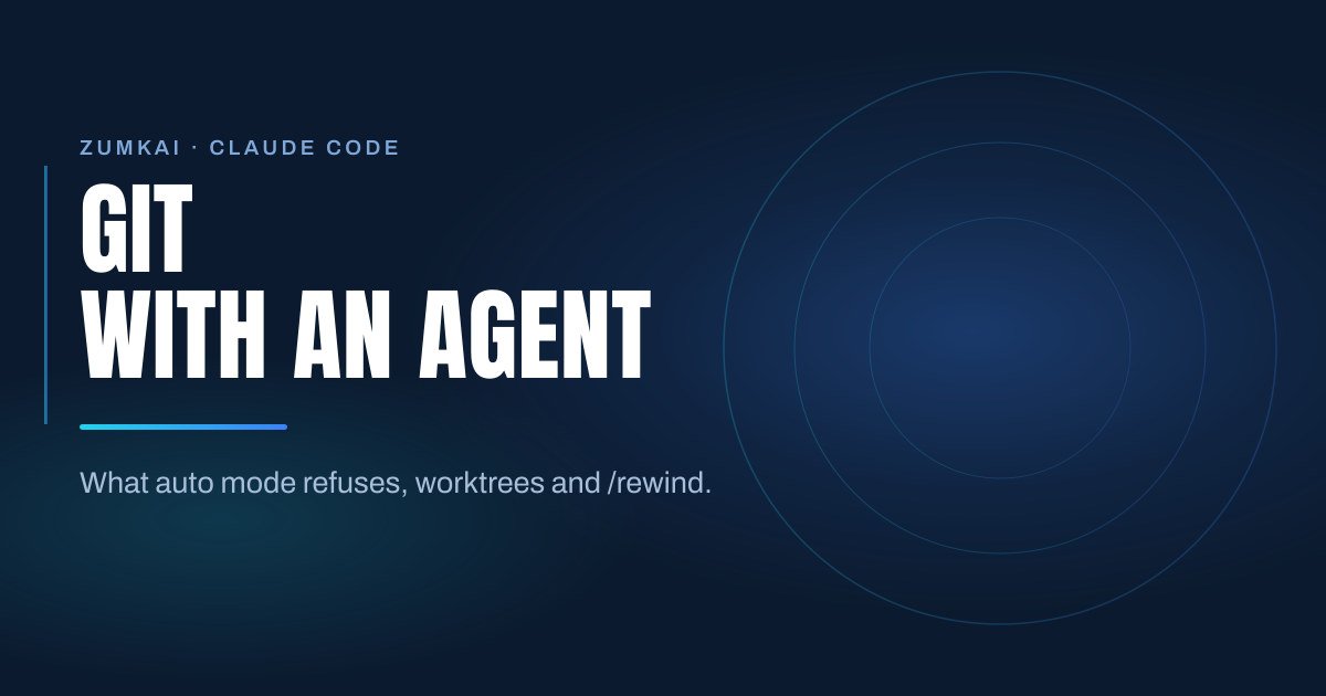 Dark navy cover with the title Git with an agent: commit, branch and assisted code review in condensed type, a cyan-to-blue gradient rule, and concentric rings on the right.