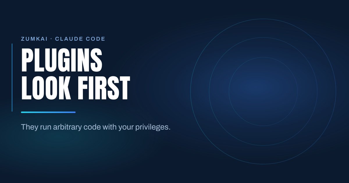 Dark navy cover with the title Claude Code plugins: how to evaluate before installing in condensed type, a cyan-to-blue gradient rule, and concentric rings on the right.