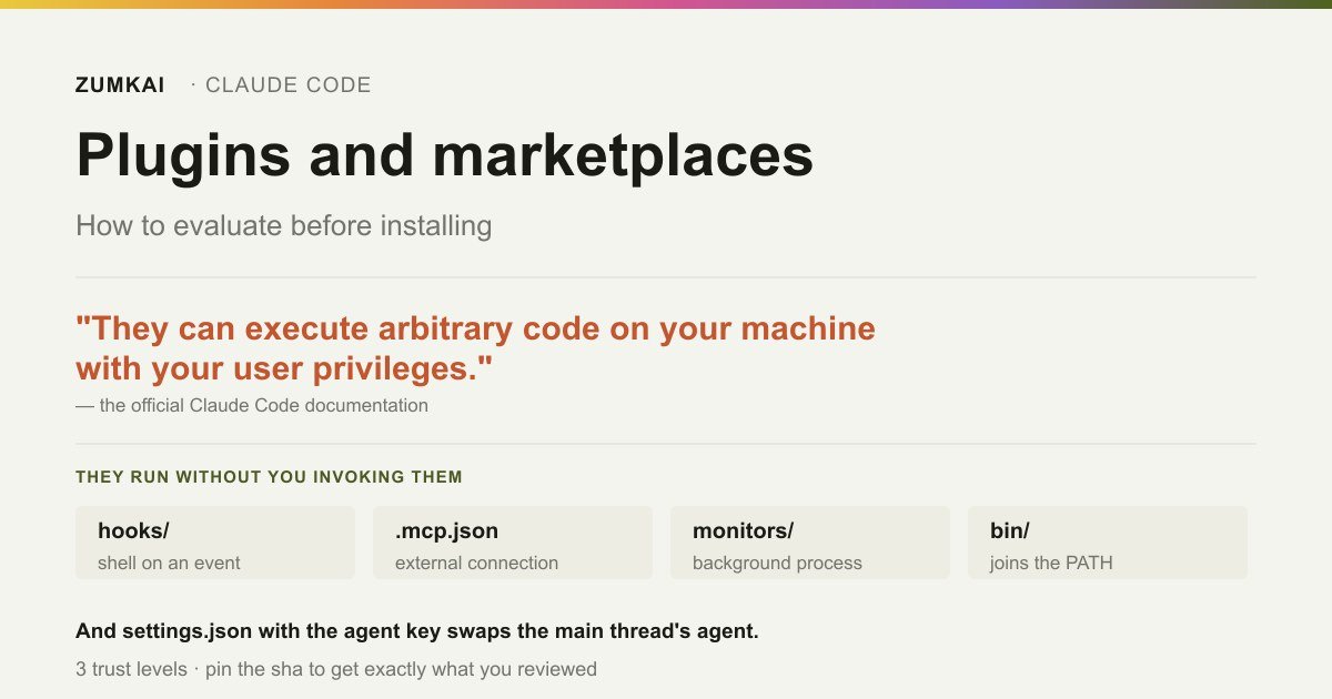 The nine component types a Claude Code plugin can carry and the three marketplace trust levels.