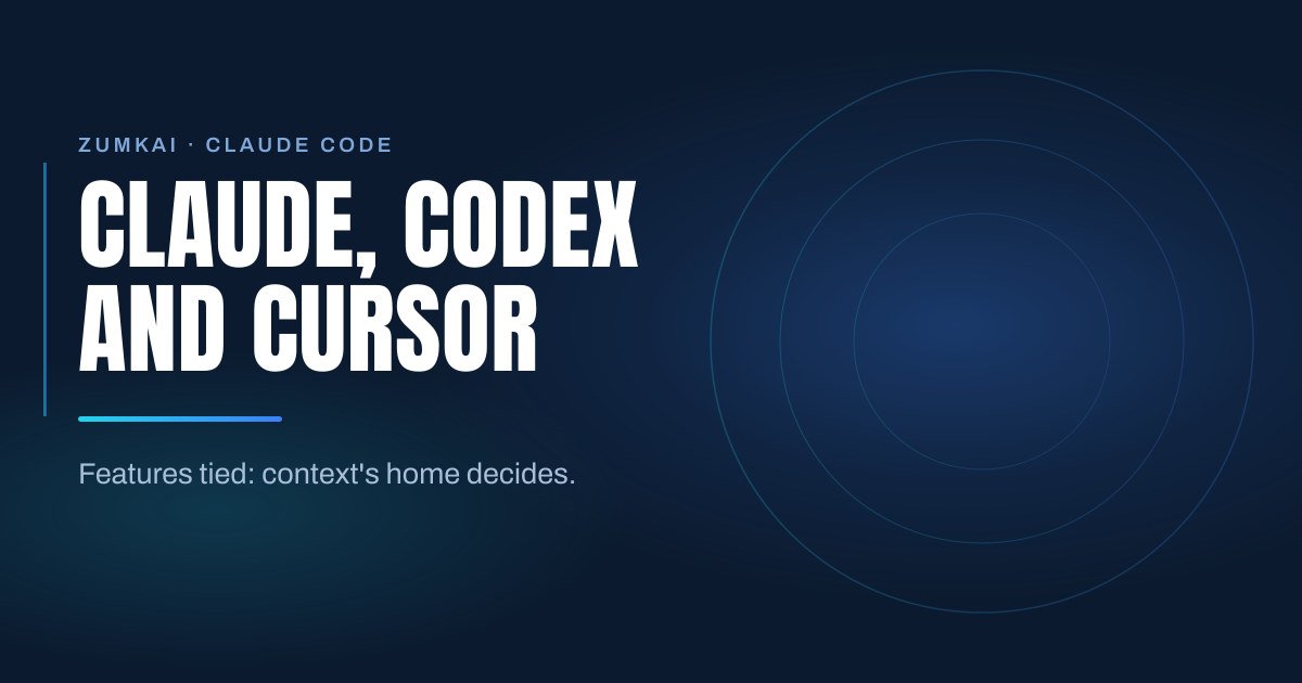 Dark navy cover with the title Claude Code, Codex and Cursor: what actually differs in condensed type, a cyan-to-blue gradient rule, and concentric rings on the right.