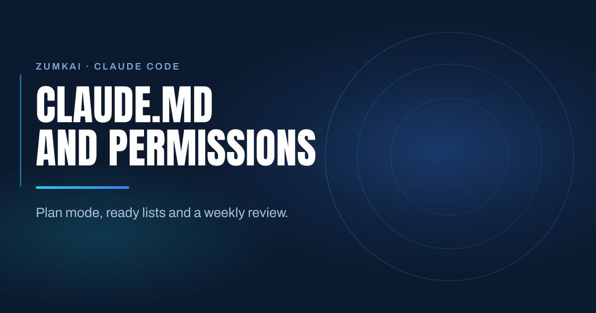 Dark navy cover with the title CLAUDE.md and safe permissions in Claude Code in condensed type, a cyan-to-blue gradient rule, and concentric rings on the right.