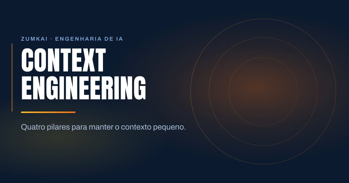 Capa escura em azul-marinho com o título Context engineering: os quatro pilares em tipografia condensada, régua em degradê âmbar e laranja, e anéis concêntricos à direita.