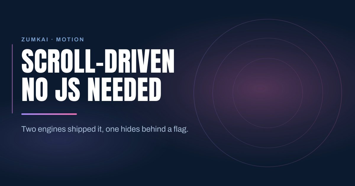 Dark navy cover with the title CSS scroll-driven: what you can already use with no JS in condensed type, a violet-to-pink gradient rule, and concentric rings on the right.