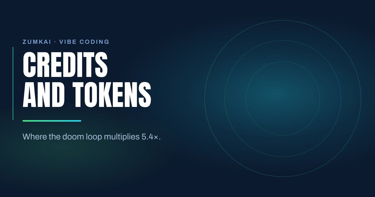 Dark navy cover with the title Vibe coding cost: credits and tokens in condensed type, a mint green-to-cyan gradient rule, and concentric rings on the right.