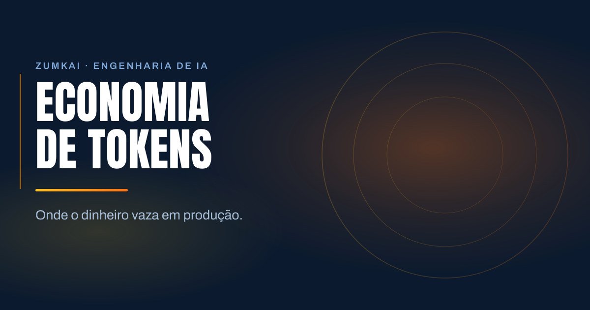 Capa escura em azul-marinho com o título Economia de tokens: onde o dinheiro vaza em tipografia condensada, régua em degradê âmbar e laranja, e anéis concêntricos à direita.