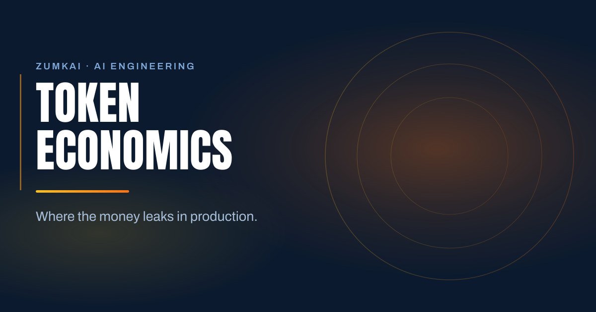 Dark navy cover with the title Token economics: where the money leaks in condensed type, a amber-to-orange gradient rule, and concentric rings on the right.