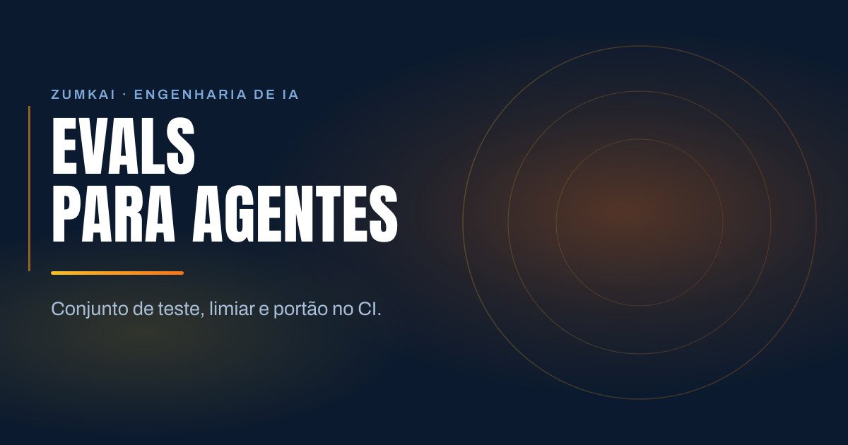 Capa escura em azul-marinho com o título Evals para agentes: testar o que não é determinístico em tipografia condensada, régua em degradê âmbar e laranja, e anéis concêntricos à direita.