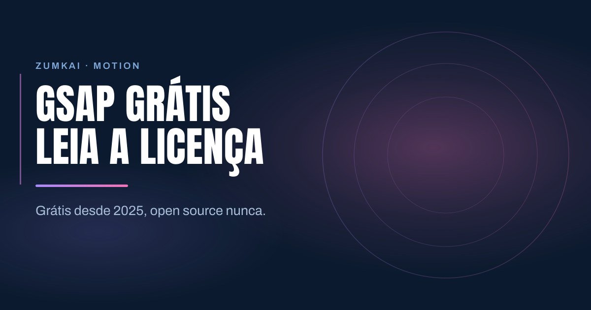 Capa escura em azul-marinho com o título GSAP grátis: o que a licença permite e o que não em tipografia condensada, régua em degradê violeta e rosa, e anéis concêntricos à direita.