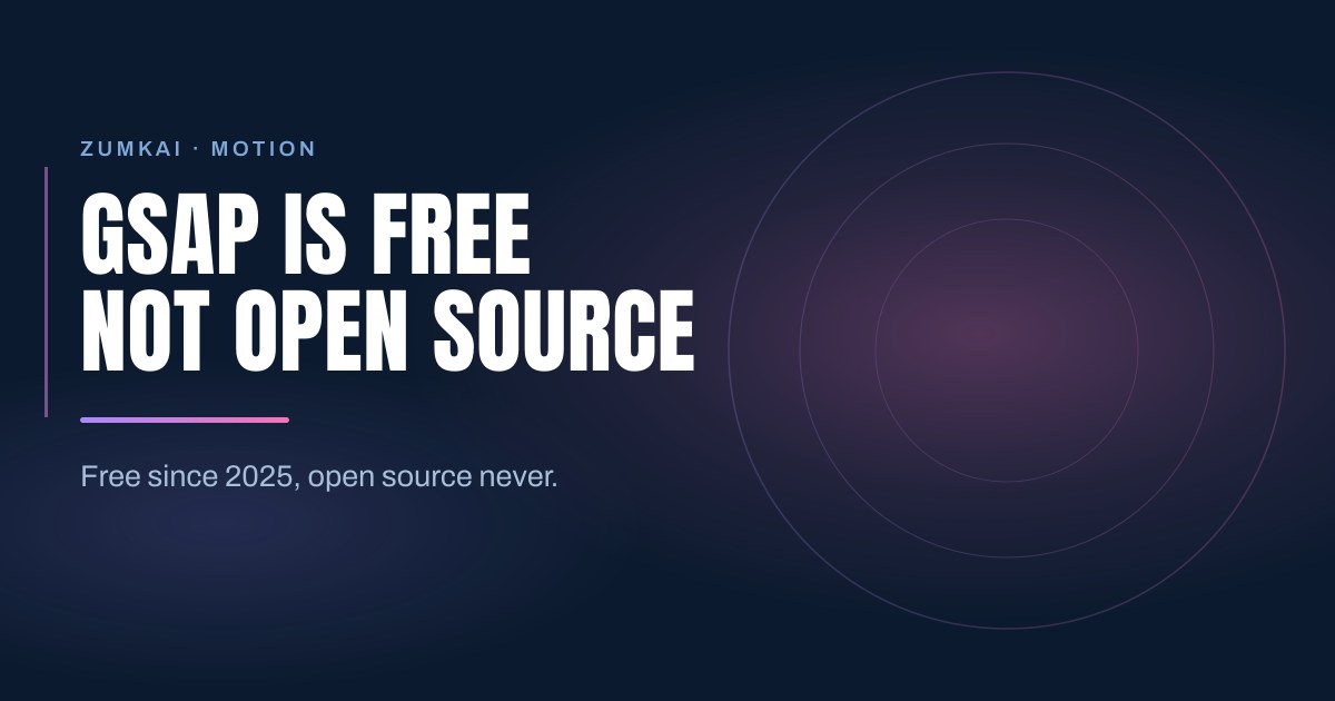 Dark navy cover with the title GSAP for free: what the license allows and what it does not in condensed type, a violet-to-pink gradient rule, and concentric rings on the right.