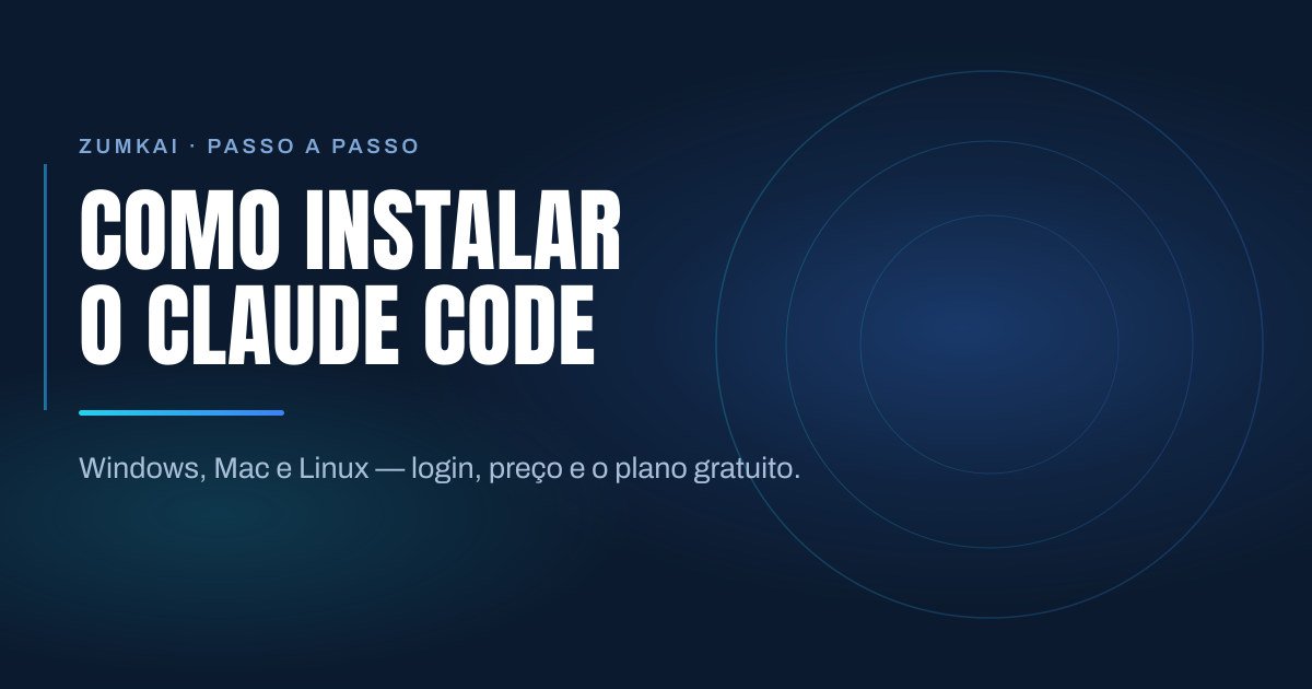Capa escura em azul-marinho com o título Como instalar o Claude Code (Windows, Mac, Linux) em tipografia condensada, régua em degradê ciano e azul, e anéis concêntricos à direita.