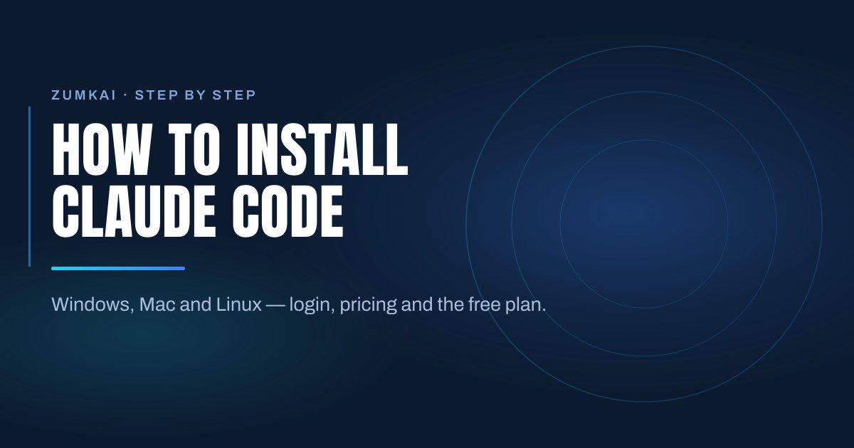 Dark navy cover with the title How to install Claude Code (Windows, Mac, Linux) in condensed type, a cyan-to-blue gradient rule, and concentric rings on the right.