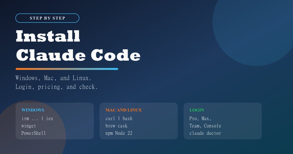 Dark cover with the title Install Claude Code and three blocks showing Windows with irm, Mac with curl and brew, and login with Pro and Max.