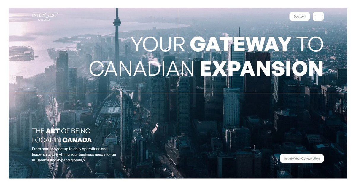 Home do site da InterGest Canada: título “Your Gateway to Canadian Expansion” em branco sobre vídeo aéreo de Toronto com a CN Tower