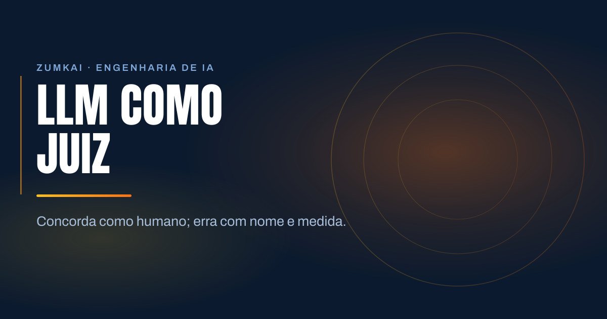 Capa escura em azul-marinho com o título LLM como juiz: quando confiar na nota em tipografia condensada, régua em degradê âmbar e laranja, e anéis concêntricos à direita.