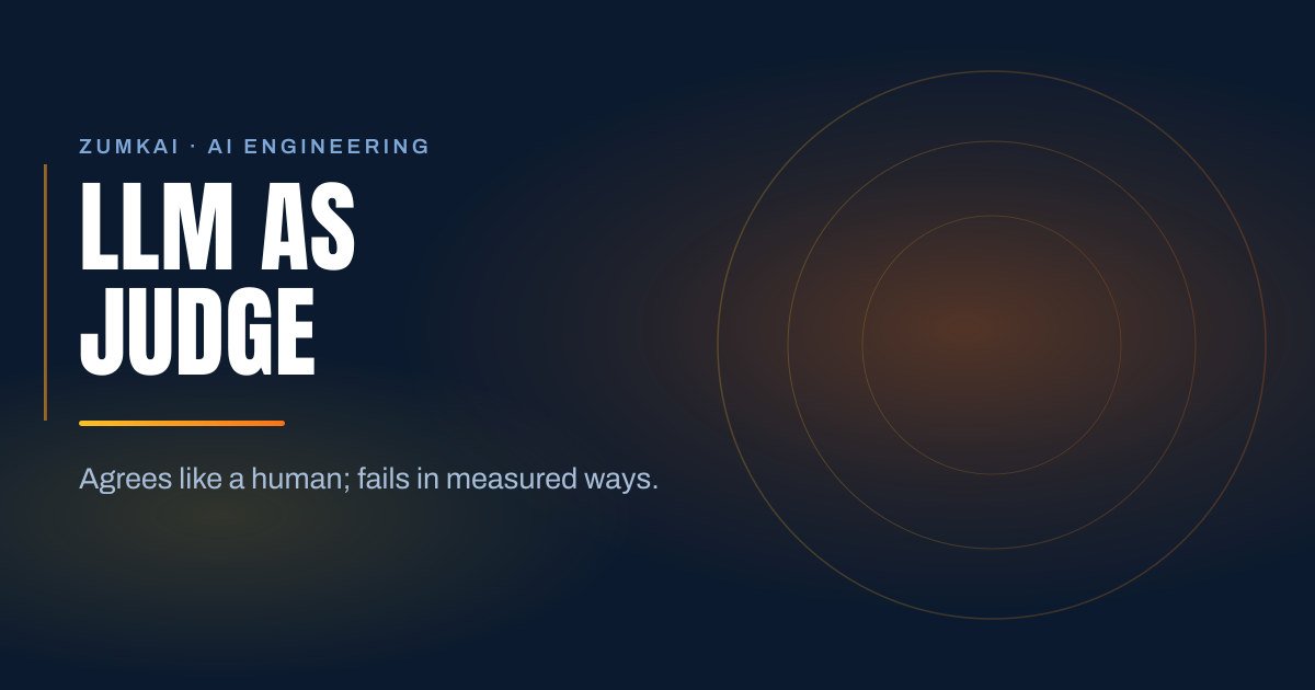 Dark navy cover with the title LLM as a judge: when to trust the score in condensed type, a amber-to-orange gradient rule, and concentric rings on the right.