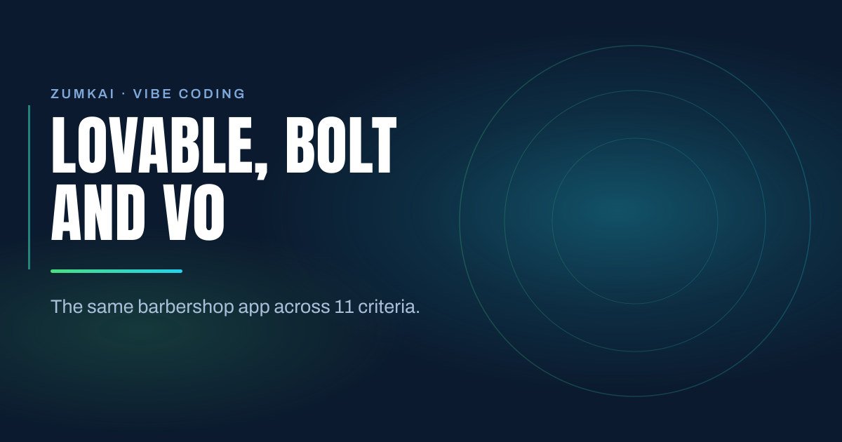 Dark navy cover with the title Lovable vs Bolt vs v0: real comparison in condensed type, a mint green-to-cyan gradient rule, and concentric rings on the right.