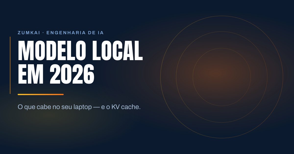 Capa escura em azul-marinho com o título Modelo local em 2026: o que cabe no laptop em tipografia condensada, régua em degradê âmbar e laranja, e anéis concêntricos à direita.