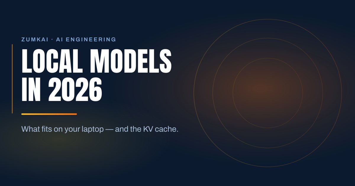 Dark navy cover with the title Local models in 2026: what fits on a laptop in condensed type, a amber-to-orange gradient rule, and concentric rings on the right.