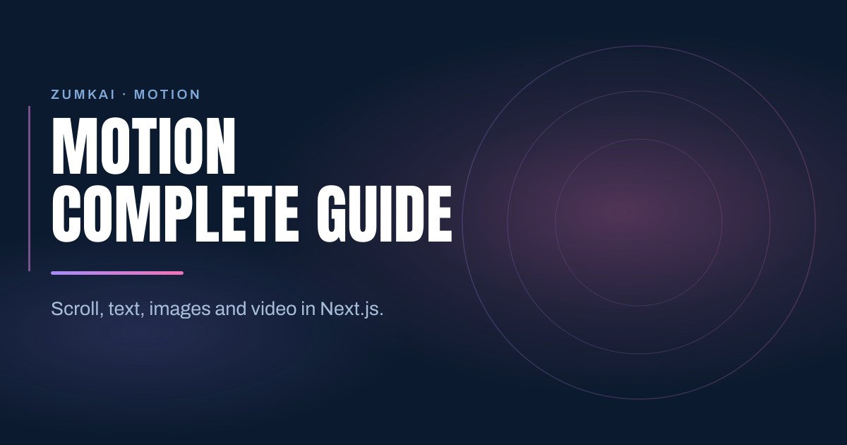 Dark navy cover with the title Motion Design for the Web: The Complete Guide in condensed type, a violet-to-pink gradient rule, and concentric rings on the right.
