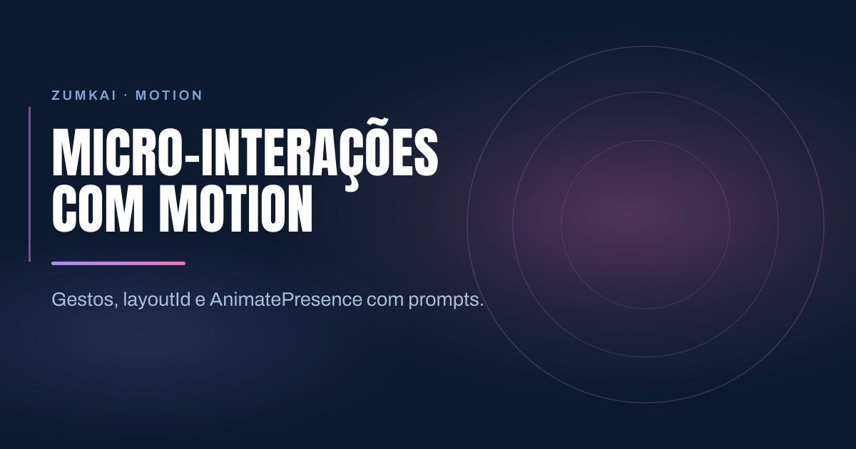 Capa escura em azul-marinho com o título Micro-interações com Motion e Claude Code em tipografia condensada, régua em degradê violeta e rosa, e anéis concêntricos à direita.