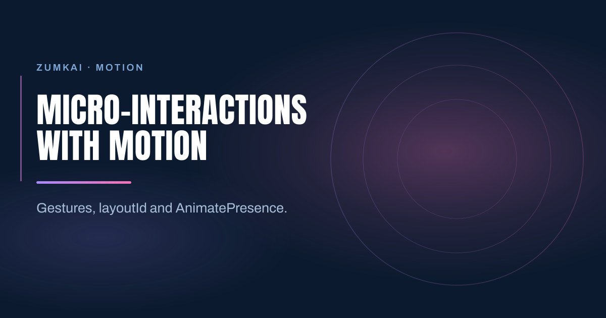 Dark navy cover with the title Micro-interactions with Motion and Claude Code in condensed type, a violet-to-pink gradient rule, and concentric rings on the right.