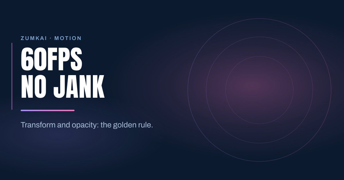 Dark navy cover with the title Animation performance: 60fps without jank in condensed type, a violet-to-pink gradient rule, and concentric rings on the right.