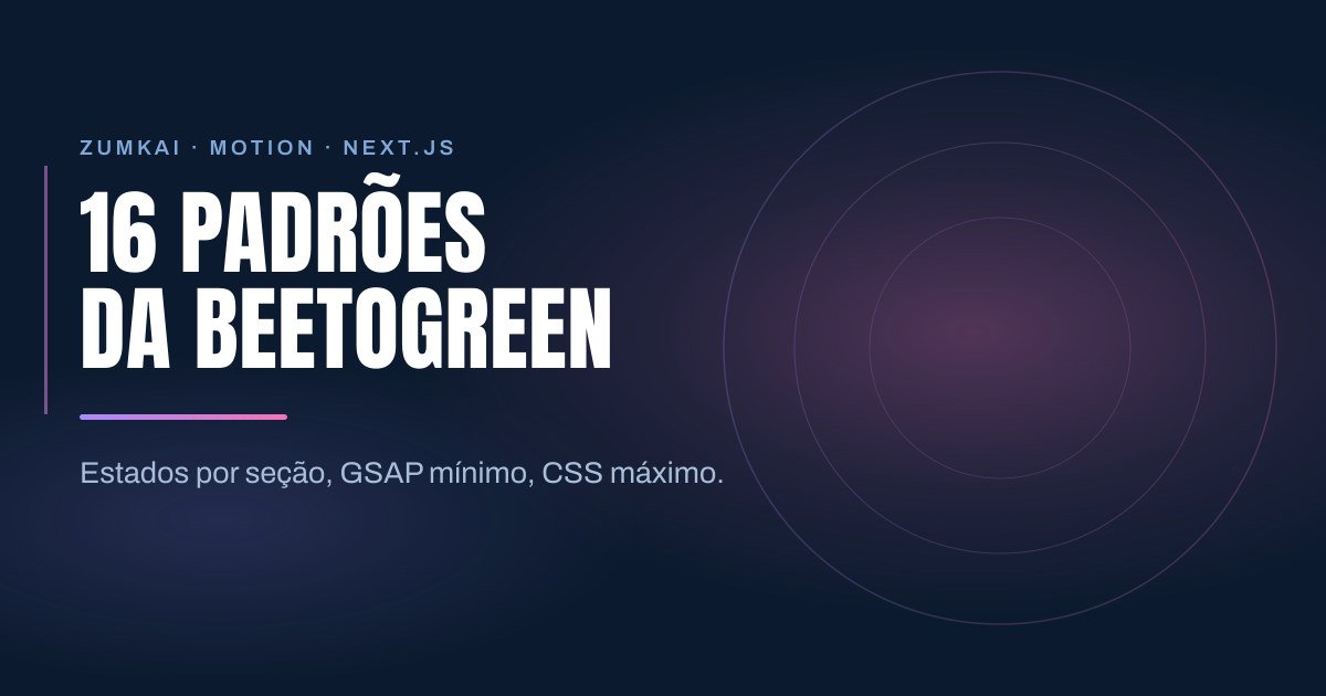 Capa escura em azul-marinho com o título 16 padrões da Beetogreen em tipografia condensada, régua em degradê violeta e rosa, e anéis concêntricos à direita
