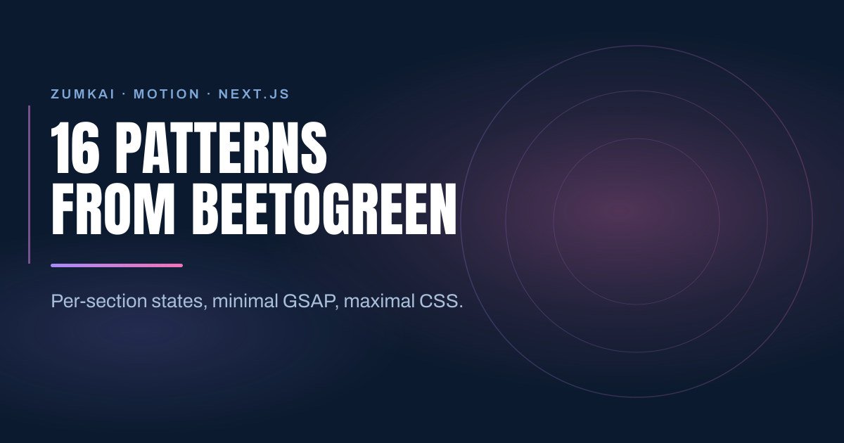 Dark navy cover with the title 16 motion patterns from Beetogreen in Next.js in condensed type, a violet-to-pink gradient rule, and concentric rings on the right.