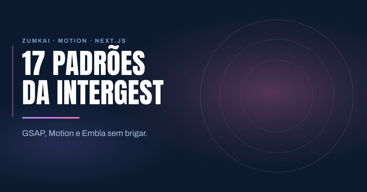 Capa escura em azul-marinho com o título 17 padrões da InterGest em tipografia condensada, régua em degradê violeta e rosa, e anéis concêntricos à direita
