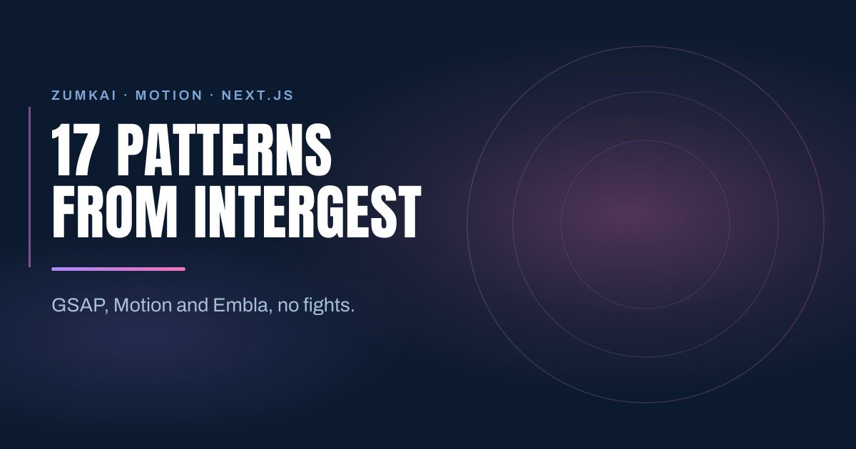 Dark navy cover with the title 17 motion patterns from InterGest Canada in Next.js in condensed type, a violet-to-pink gradient rule, and concentric rings on the right.