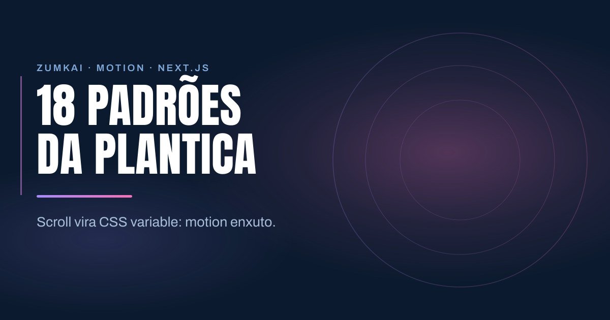 Capa escura em azul-marinho com o título 18 padrões da Plantica em tipografia condensada, régua em degradê violeta e rosa, e anéis concêntricos à direita