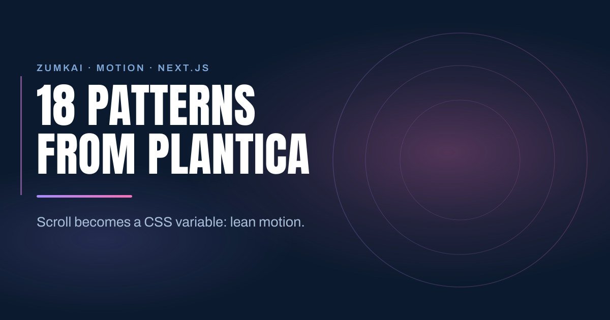 Dark navy cover with the title 18 motion patterns from the Plantica site in Next.js in condensed type, a violet-to-pink gradient rule, and concentric rings on the right.
