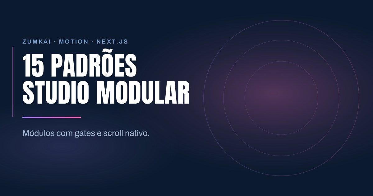Capa escura em azul-marinho com o título 15 padrões Studio Modular em tipografia condensada, régua em degradê violeta e rosa, e anéis concêntricos à direita