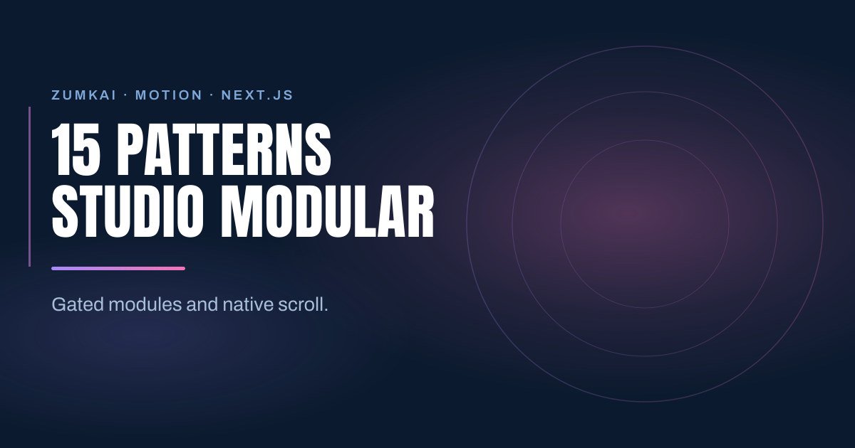 Dark navy cover with the title 15 motion patterns from Studio Modular in Next.js in condensed type, a violet-to-pink gradient rule, and concentric rings on the right.