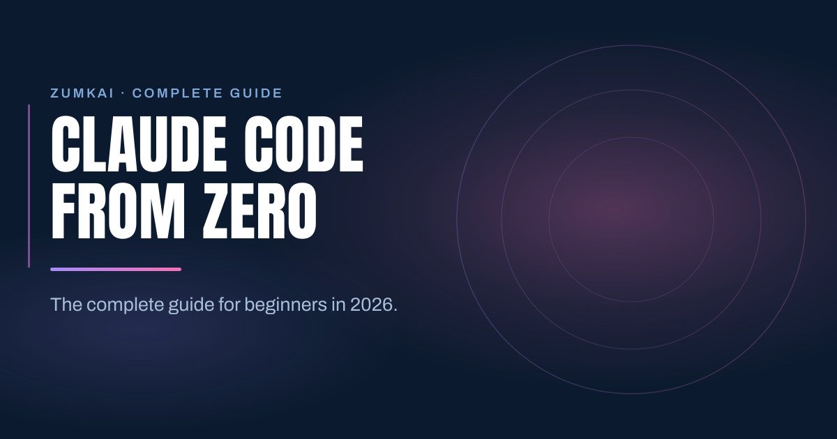 Dark navy cover with the title Claude Code from zero: a beginner's guide in condensed type, a violet-to-pink gradient rule, and concentric rings on the right.