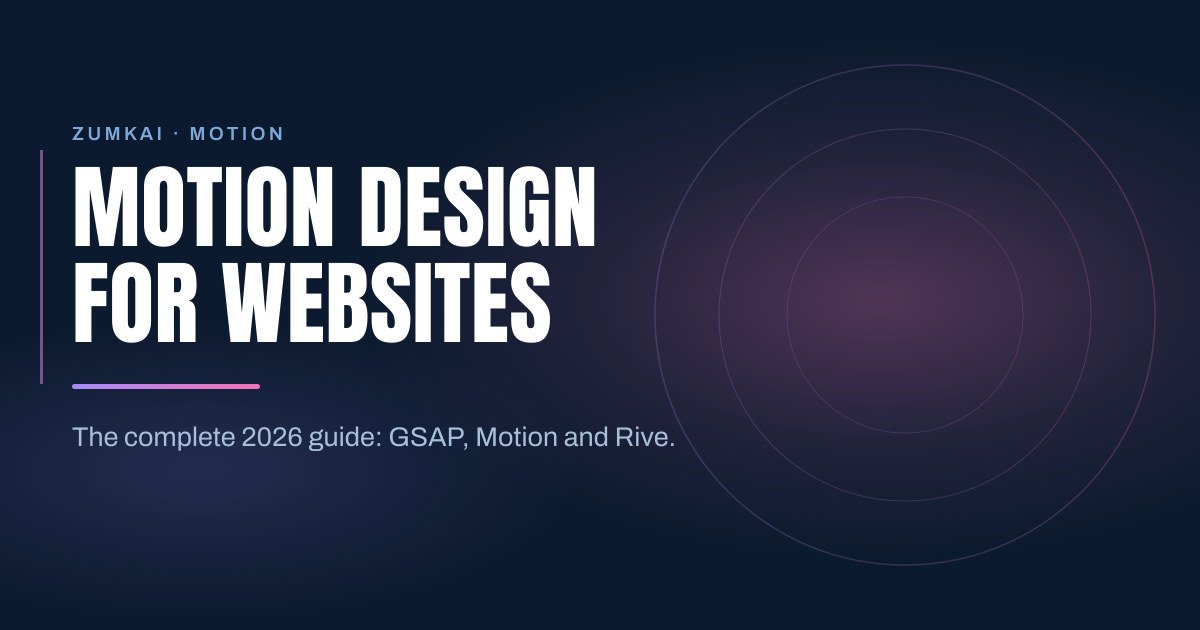 Dark navy cover with the title Motion design for websites: complete 2026 guide in condensed type, a violet-to-pink gradient rule, and concentric rings on the right.