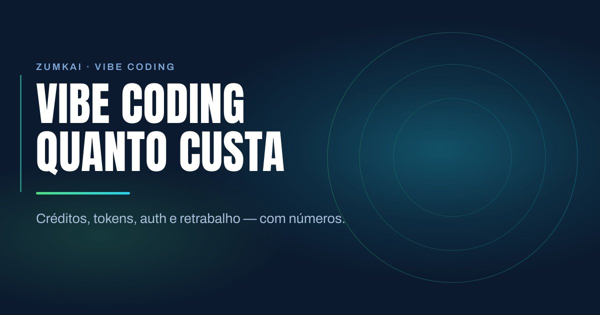 Capa escura em azul-marinho com o título Vibe coding: quanto custa de verdade em tipografia condensada, régua em degradê verde-menta e ciano, e anéis concêntricos à direita.