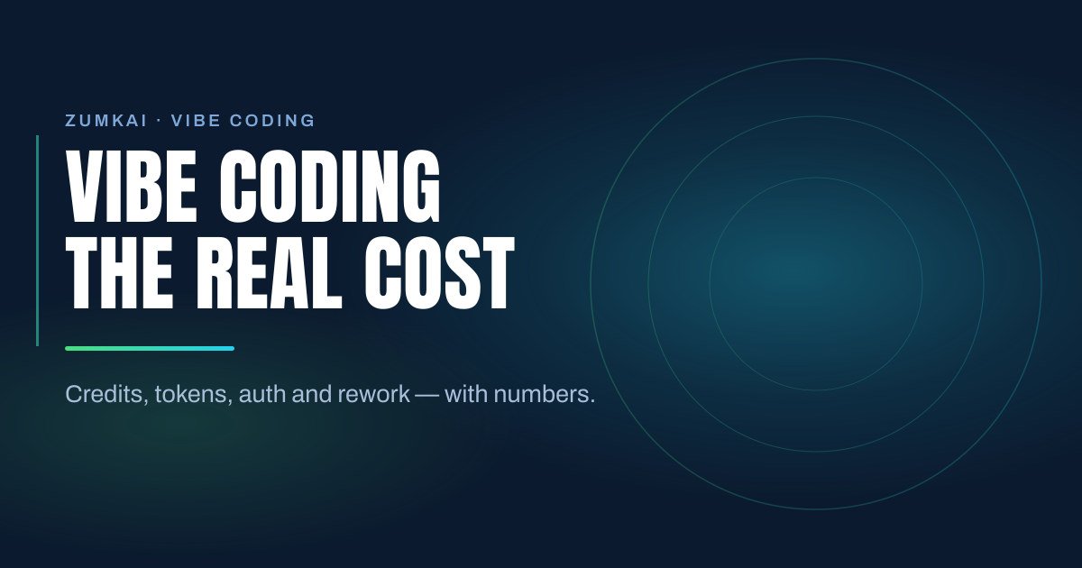 Dark navy cover with the title Vibe coding: what it really costs in condensed type, a mint green-to-cyan gradient rule, and concentric rings on the right.