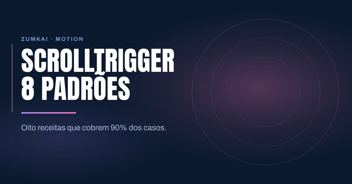 Capa escura em azul-marinho com o título ScrollTrigger: os 8 padrões que cobrem 90% dos casos em tipografia condensada, régua em degradê violeta e rosa, e anéis concêntricos à direita.