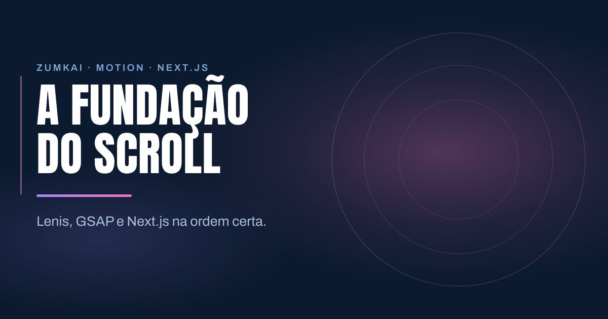 Capa escura em azul-marinho com o título A fundação do scroll em tipografia condensada, régua em degradê violeta e rosa, e anéis concêntricos à direita