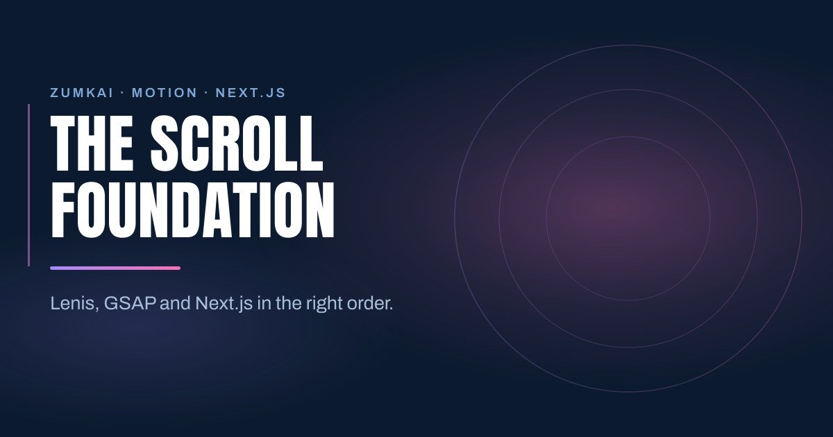 Dark navy cover with the title A Next.js site built around motion and scroll: the guide in condensed type, a violet-to-pink gradient rule, and concentric rings on the right.