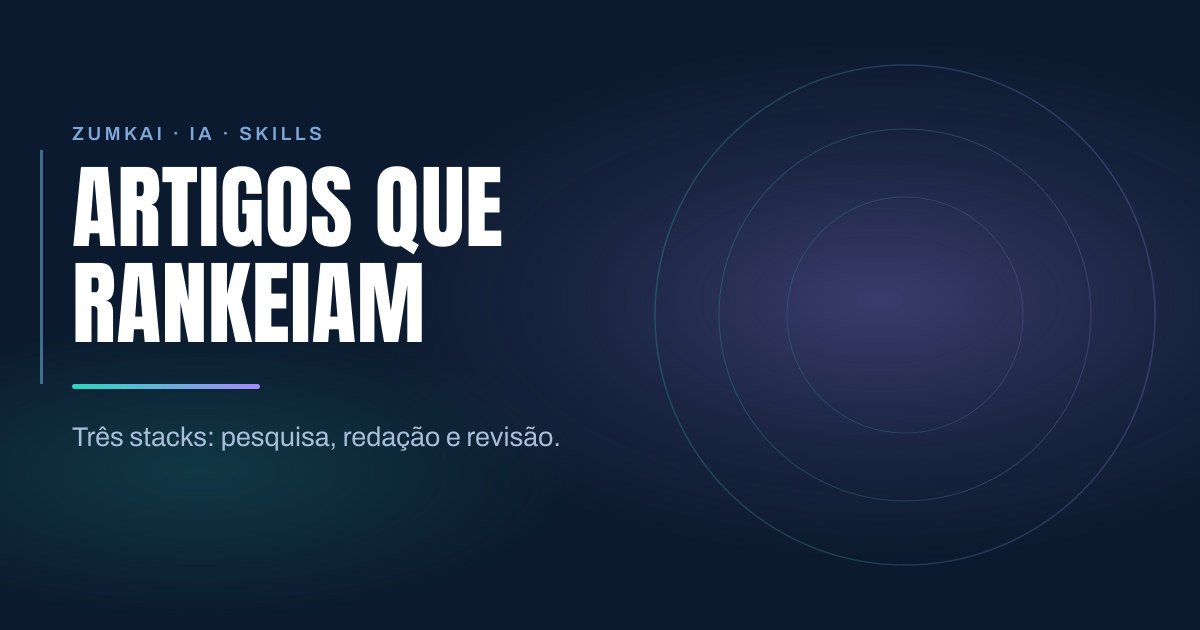 Capa escura em azul-marinho com o título Artigos que rankeiam em tipografia condensada, régua em degradê verde-azulado e violeta, e anéis concêntricos à direita