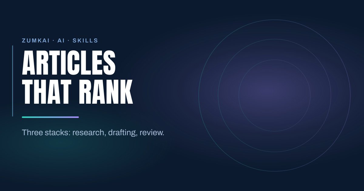 Dark navy cover with the title Skill stacks for articles that rank on Google in condensed type, a teal-to-violet gradient rule, and concentric rings on the right.